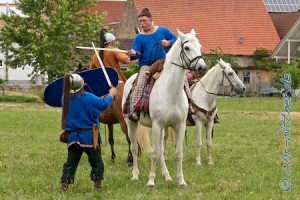 Zum Themendorf gehört auch die Keltengruppe "Epona". Rolf Kübler ist schon lange dort dabei, allerdings muss er seit diesem Jahr auf Rantanplan ausweichen, da sein Damian ausgefallen war. Rantanplan ist zwar für die Kämpfe noch in der Ausbildung, aber als Neuling schlägt er sich schon gut....